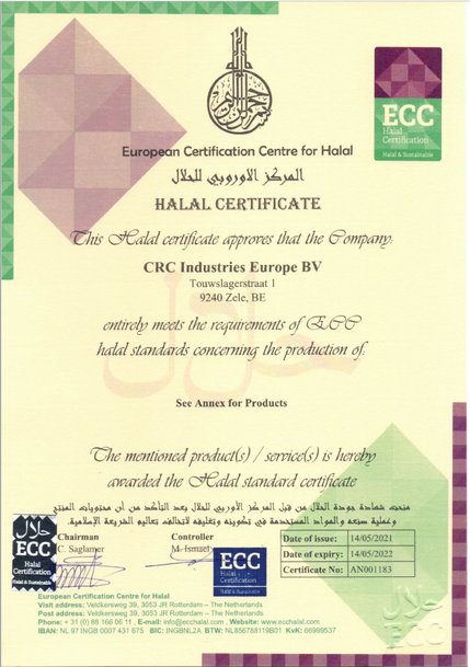 Certification halal pour les produits NSF H1 et M1 de CRC